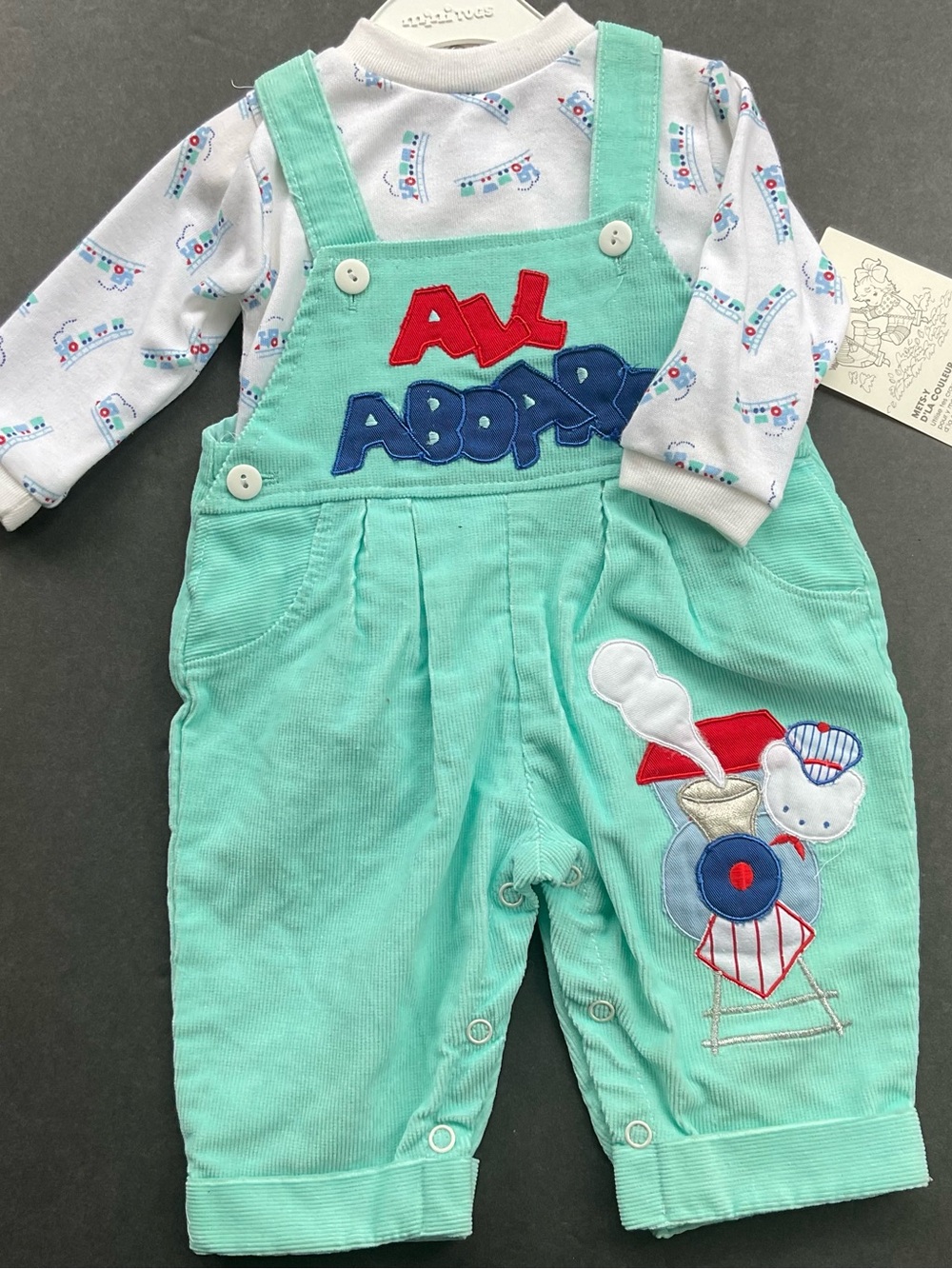 Toddler Turquoise Corduroy Overalls with Train Applique